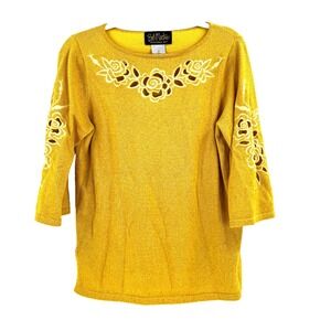 Bob‎ Mackey Wearable Art Sweater Women's Small Yellow Floral Cutout Embroidered